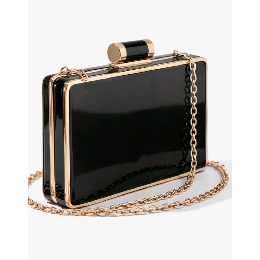 Vintage Sondra Roberts Black Patent Clutch Gold Chain Evening Bag Structured Box